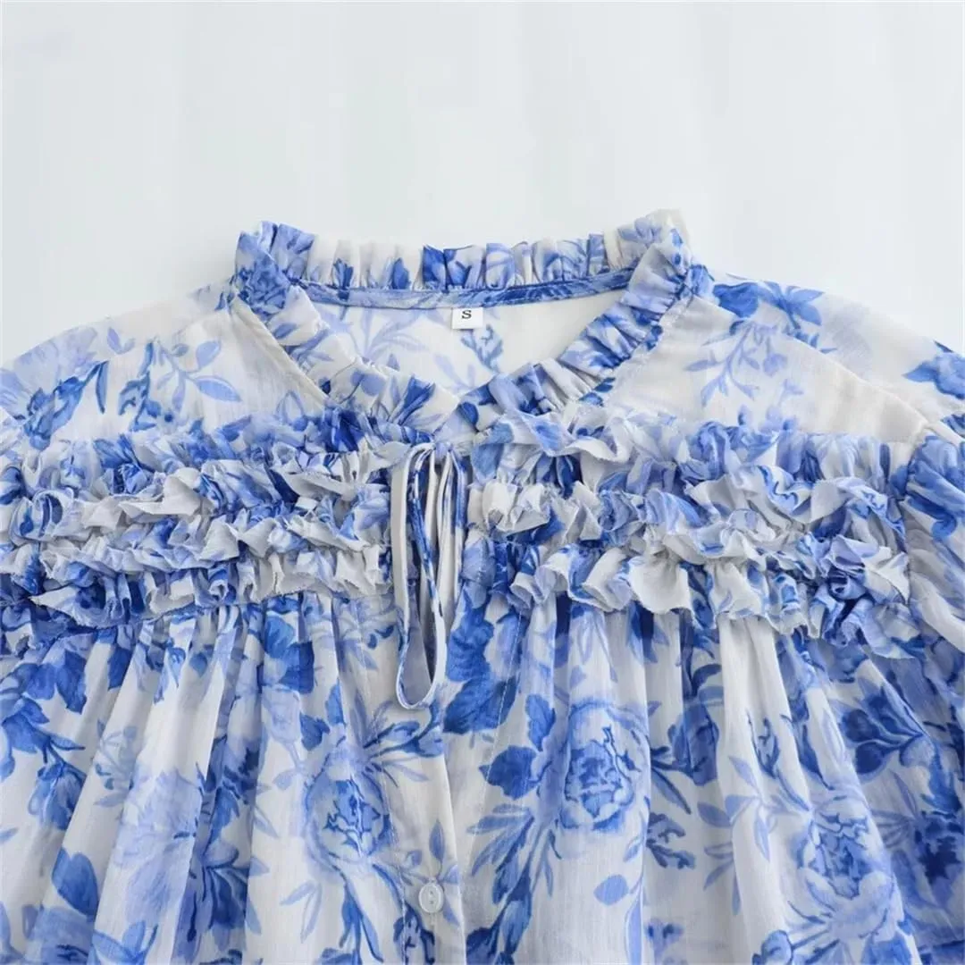 Women Casual Layered Decoration Flower Blouse Print Button Shirt Loose Office Lady Top