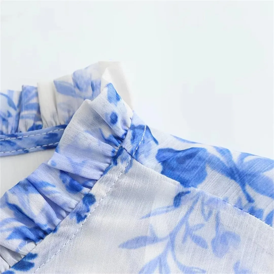 Women Casual Layered Decoration Flower Blouse Print Button Shirt Loose Office Lady Top