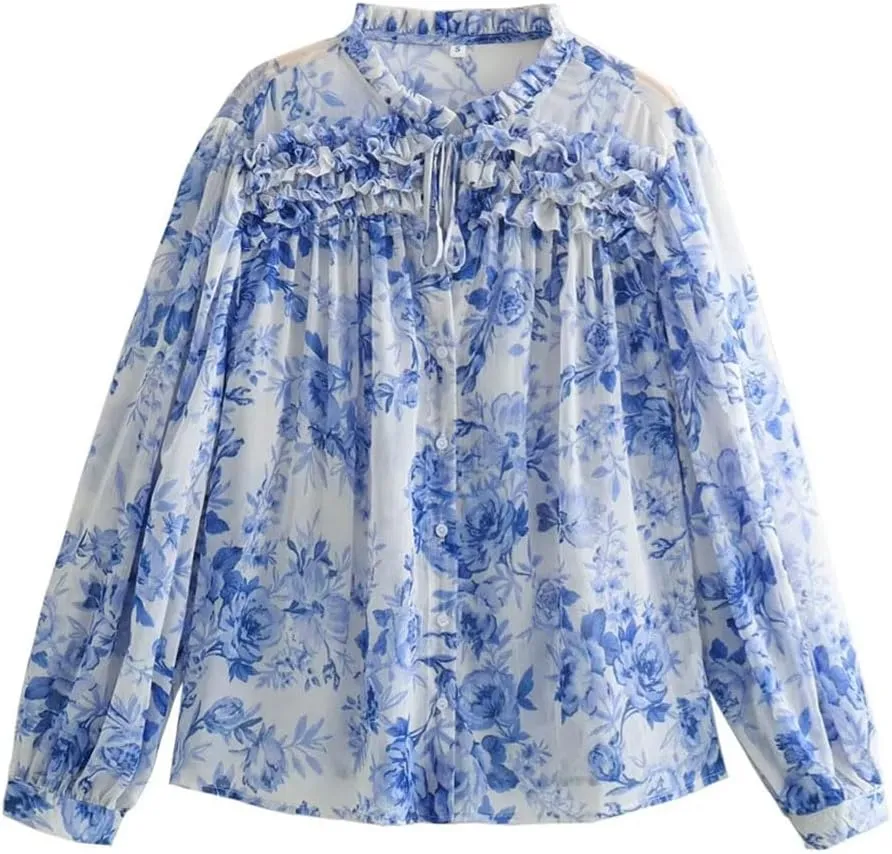 Women Casual Layered Decoration Flower Blouse Print Button Shirt Loose Office Lady Top
