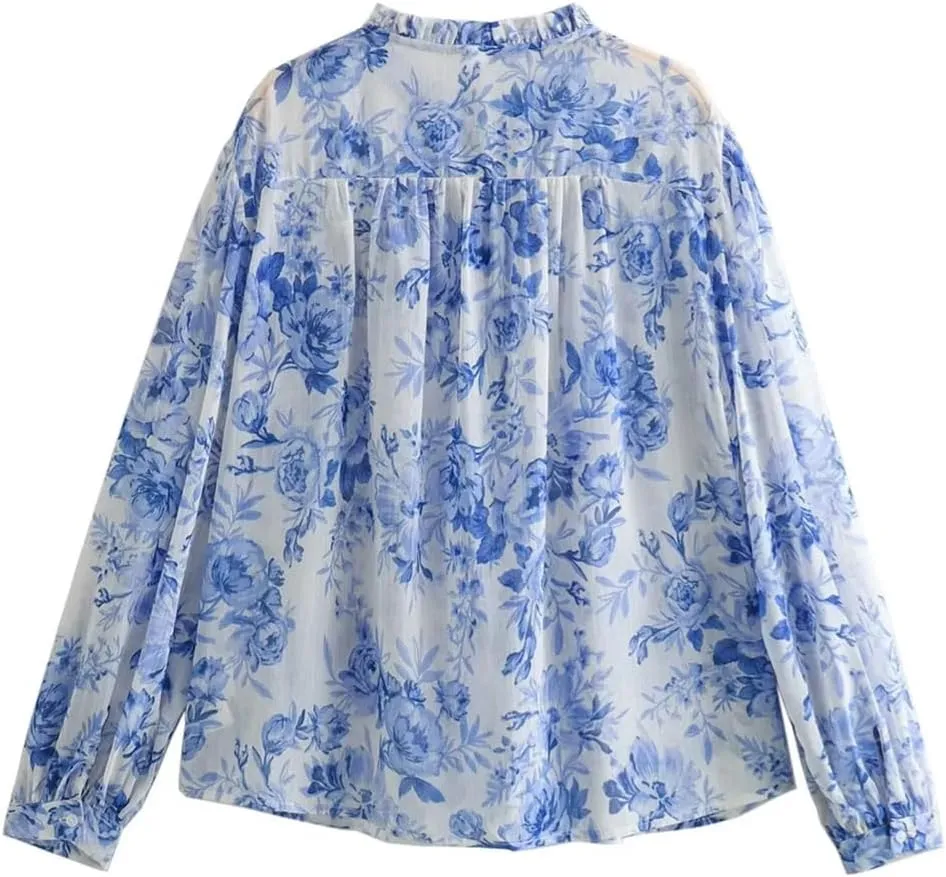 Women Casual Layered Decoration Flower Blouse Print Button Shirt Loose Office Lady Top