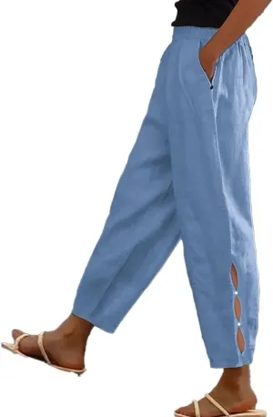 Women Casual Lightweight Elastic Waist Linen Capri Pants Hollow-Out Bottom with Pockets