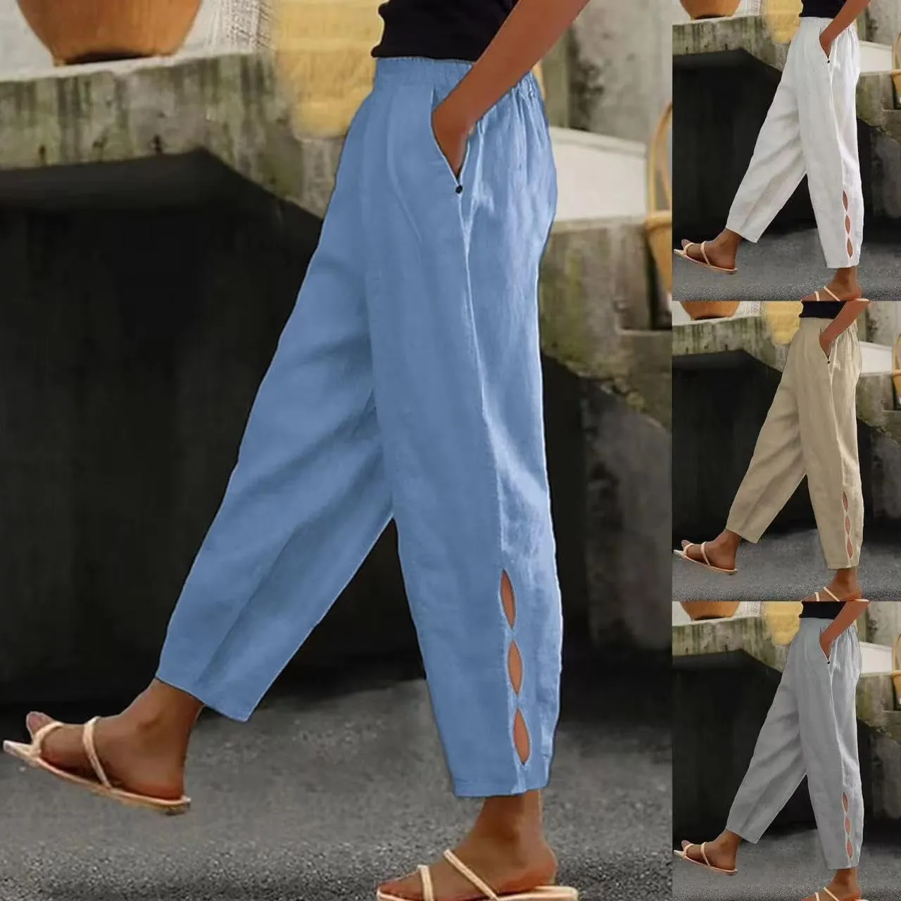 Women Casual Lightweight Elastic Waist Linen Capri Pants Hollow-Out Bottom with Pockets