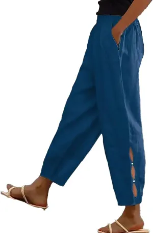 Women Casual Lightweight Elastic Waist Linen Capri Pants Hollow-Out Bottom with Pockets