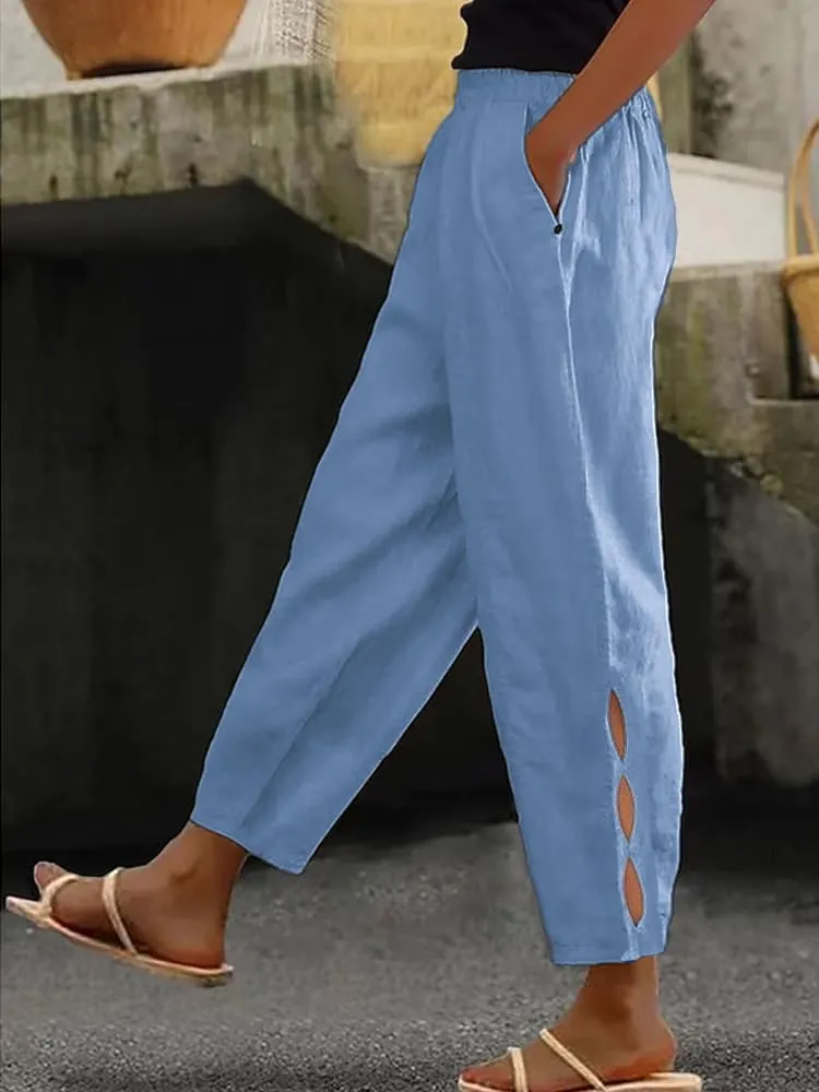 Women Casual Lightweight Elastic Waist Linen Capri Pants Hollow-Out Bottom with Pockets