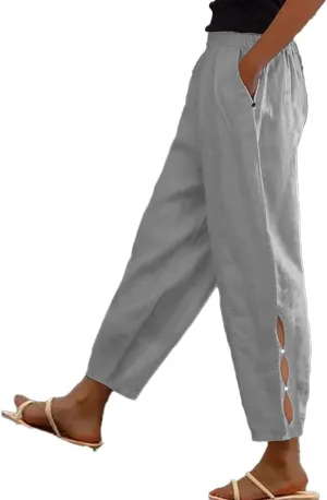 Women Casual Lightweight Elastic Waist Linen Capri Pants Hollow-Out Bottom with Pockets