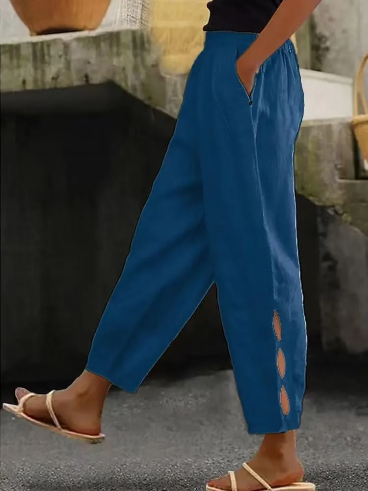 Women Casual Lightweight Elastic Waist Linen Capri Pants Hollow-Out Bottom with Pockets