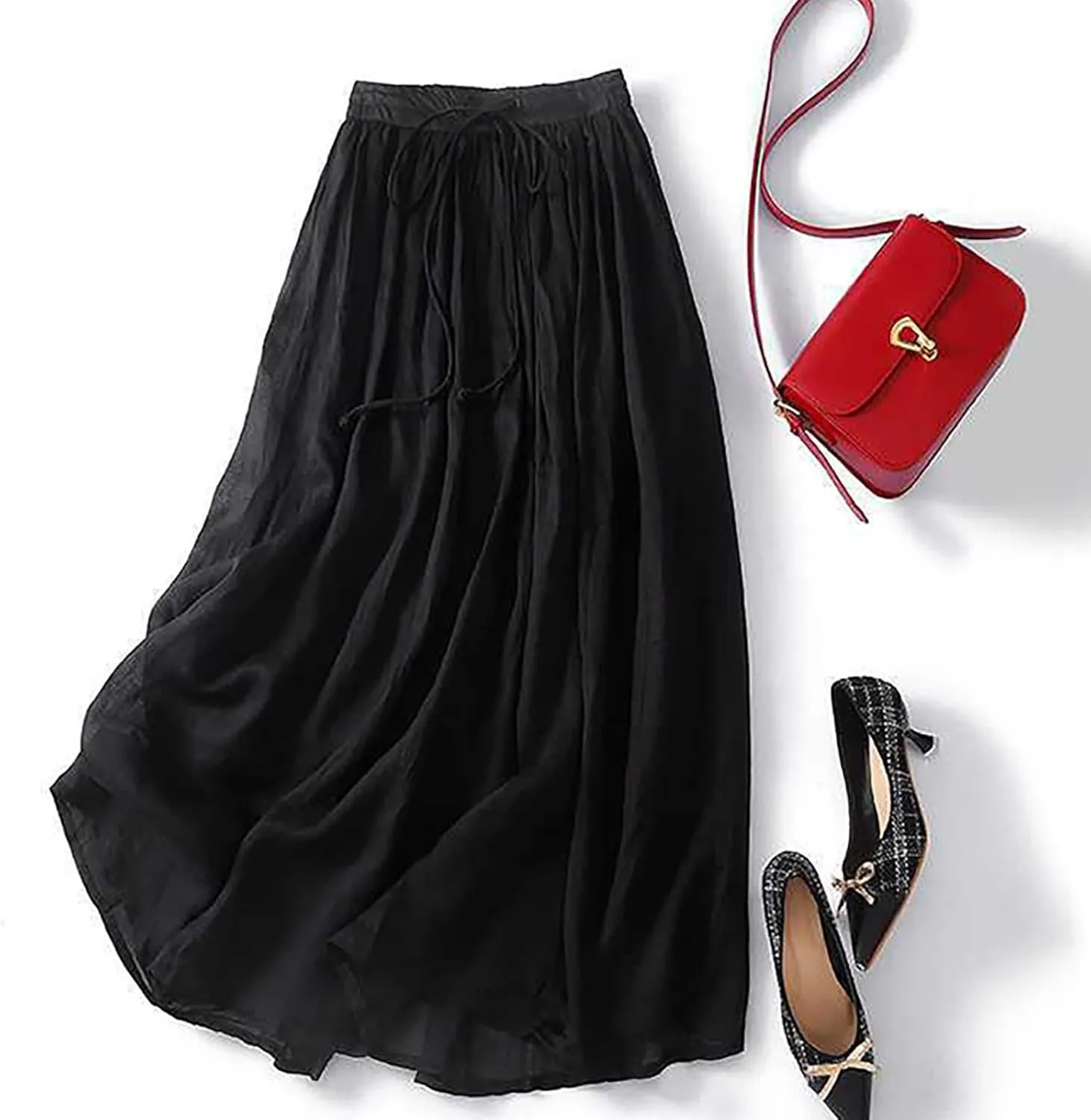 Women Cotton Linen Skirt Summer Drawstring Waist Plain Long Maxi Retro Casual Layered Pleated Flowy Swing Long Skirt