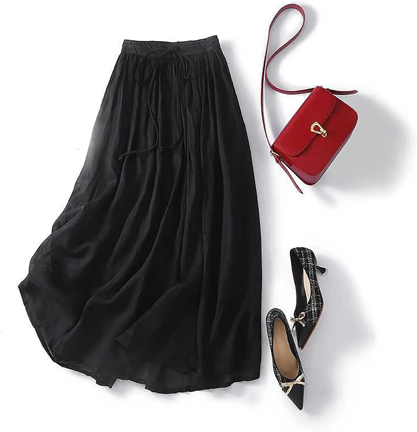 Women Cotton Linen Skirt Summer Drawstring Waist Plain Long Maxi Retro Casual Layered Pleated Flowy Swing Long Skirt