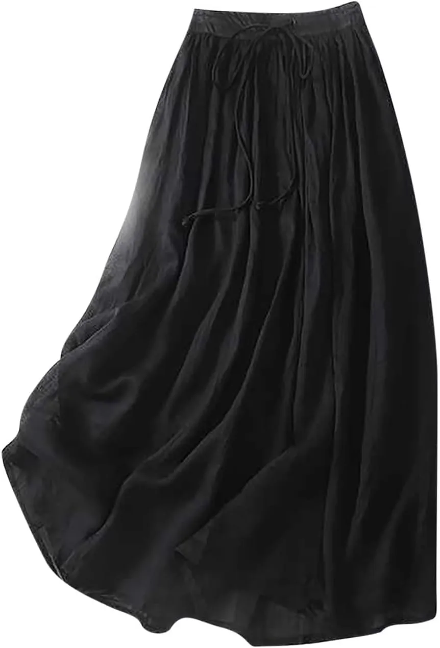 Women Cotton Linen Skirt Summer Drawstring Waist Plain Long Maxi Retro Casual Layered Pleated Flowy Swing Long Skirt