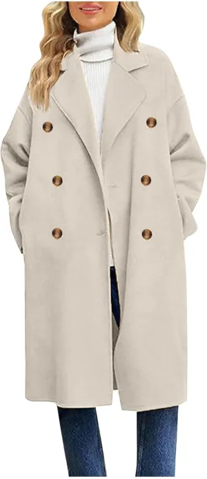 Women Elegant Wool Peacoat With Pockets Double Breasted Loose Trench Coat Long Sleeve Notch Lapel Mid-Long Outwear
