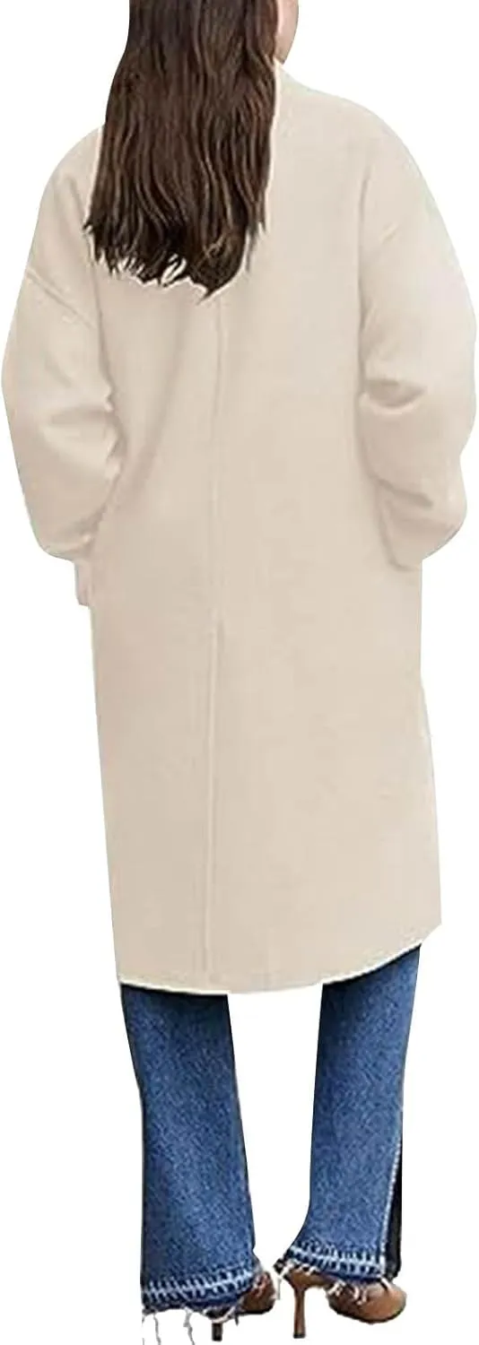 Women Elegant Wool Peacoat With Pockets Double Breasted Loose Trench Coat Long Sleeve Notch Lapel Mid-Long Outwear
