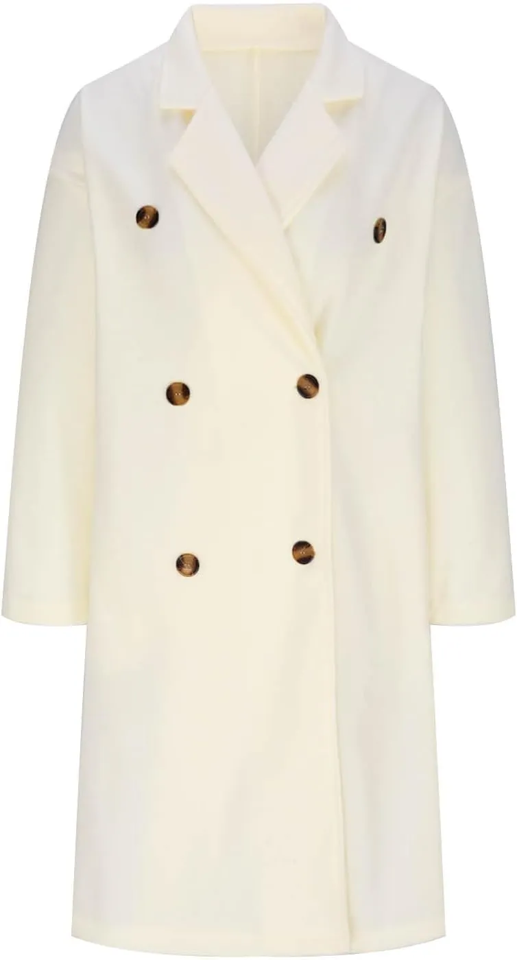 Women Elegant Wool Peacoat With Pockets Double Breasted Loose Trench Coat Long Sleeve Notch Lapel Mid-Long Outwear
