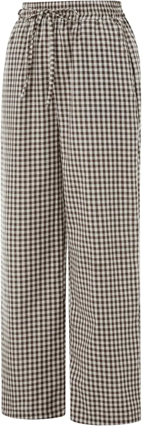 Women Striped Straight Leg Pants High Waist Wide Leg Gingham Y2k Trousers Going Out Bottoms Streetwear Pajamas Pants