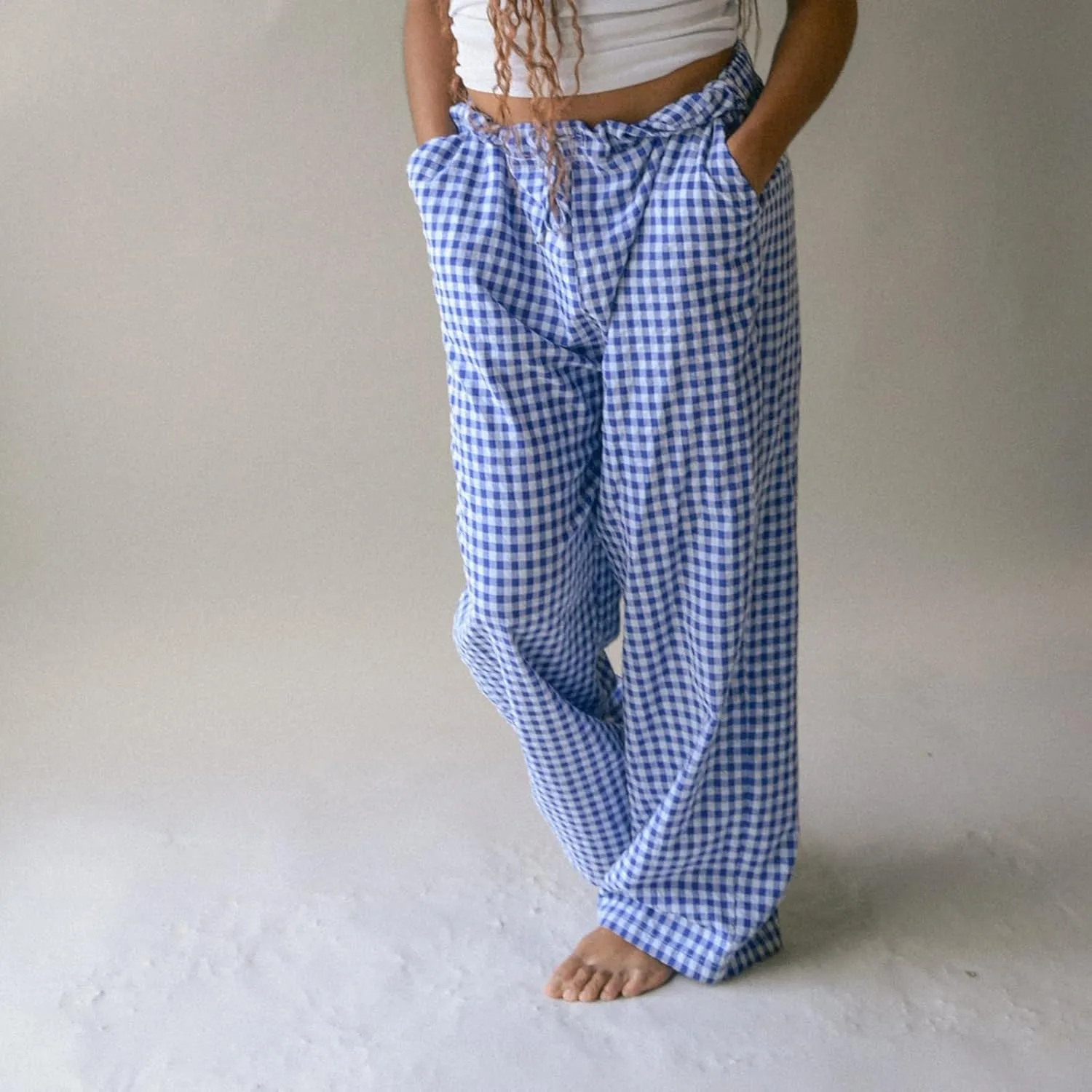 Women Striped Straight Leg Pants High Waist Wide Leg Gingham Y2k Trousers Going Out Bottoms Streetwear Pajamas Pants