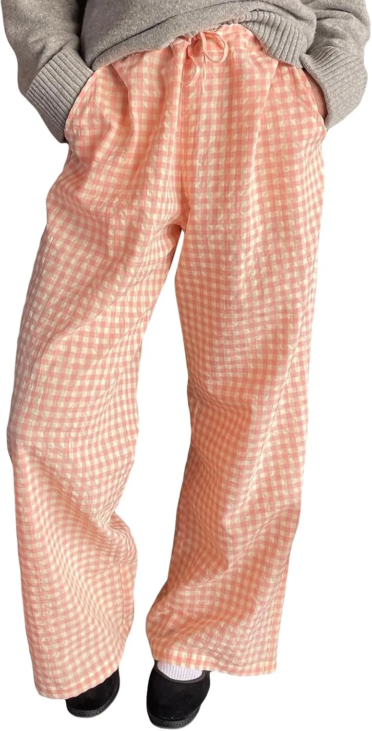 Women Striped Straight Leg Pants High Waist Wide Leg Gingham Y2k Trousers Going Out Bottoms Streetwear Pajamas Pants