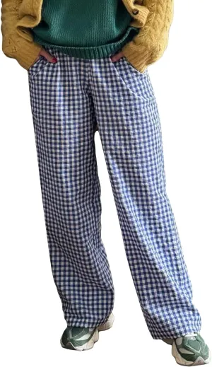 Women Striped Straight Leg Pants High Waist Wide Leg Gingham Y2k Trousers Going Out Bottoms Streetwear Pajamas Pants