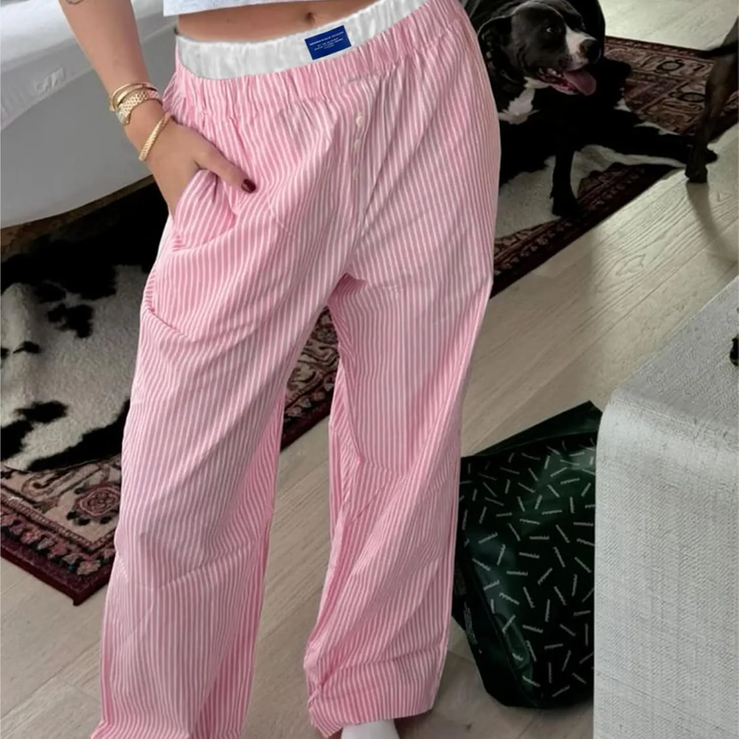 Women Striped Straight Leg Pants High Waist Wide Leg Gingham Y2k Trousers Going Out Bottoms Streetwear Pajamas Pants