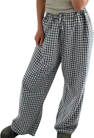Women Striped Straight Leg Pants High Waist Wide Leg Gingham Y2k Trousers Going Out Bottoms Streetwear Pajamas Pants