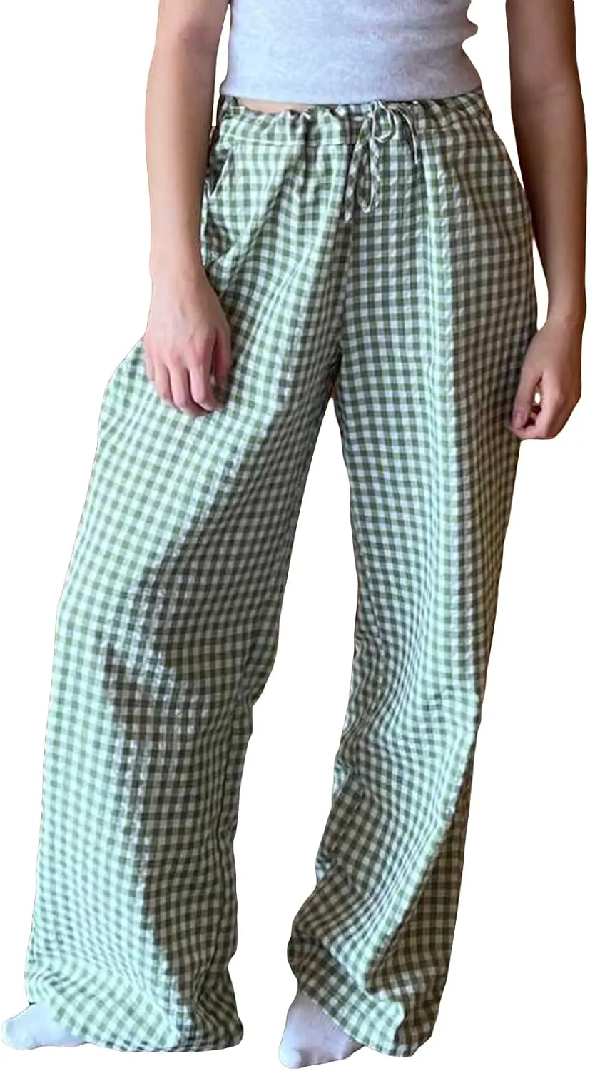 Women Striped Straight Leg Pants High Waist Wide Leg Gingham Y2k Trousers Going Out Bottoms Streetwear Pajamas Pants