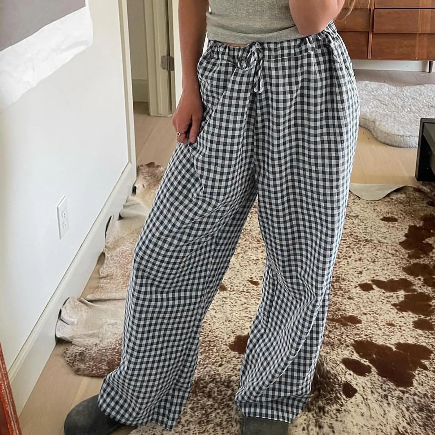 Women Striped Straight Leg Pants High Waist Wide Leg Gingham Y2k Trousers Going Out Bottoms Streetwear Pajamas Pants