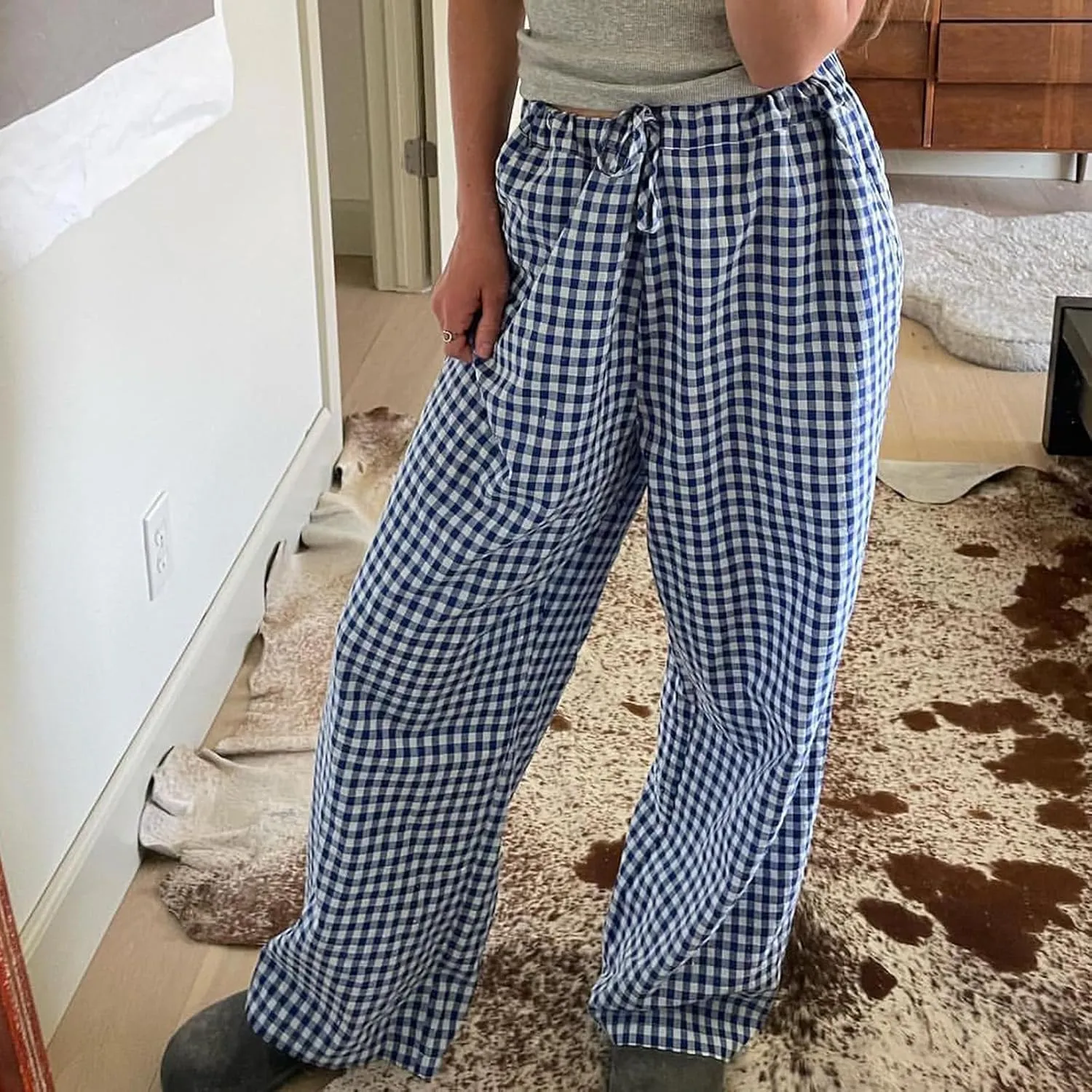 Women Striped Straight Leg Pants High Waist Wide Leg Gingham Y2k Trousers Going Out Bottoms Streetwear Pajamas Pants