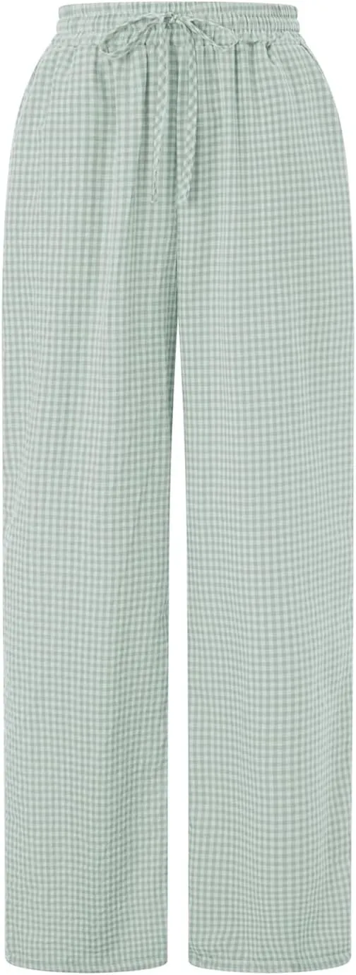 Women Striped Straight Leg Pants High Waist Wide Leg Gingham Y2k Trousers Going Out Bottoms Streetwear Pajamas Pants