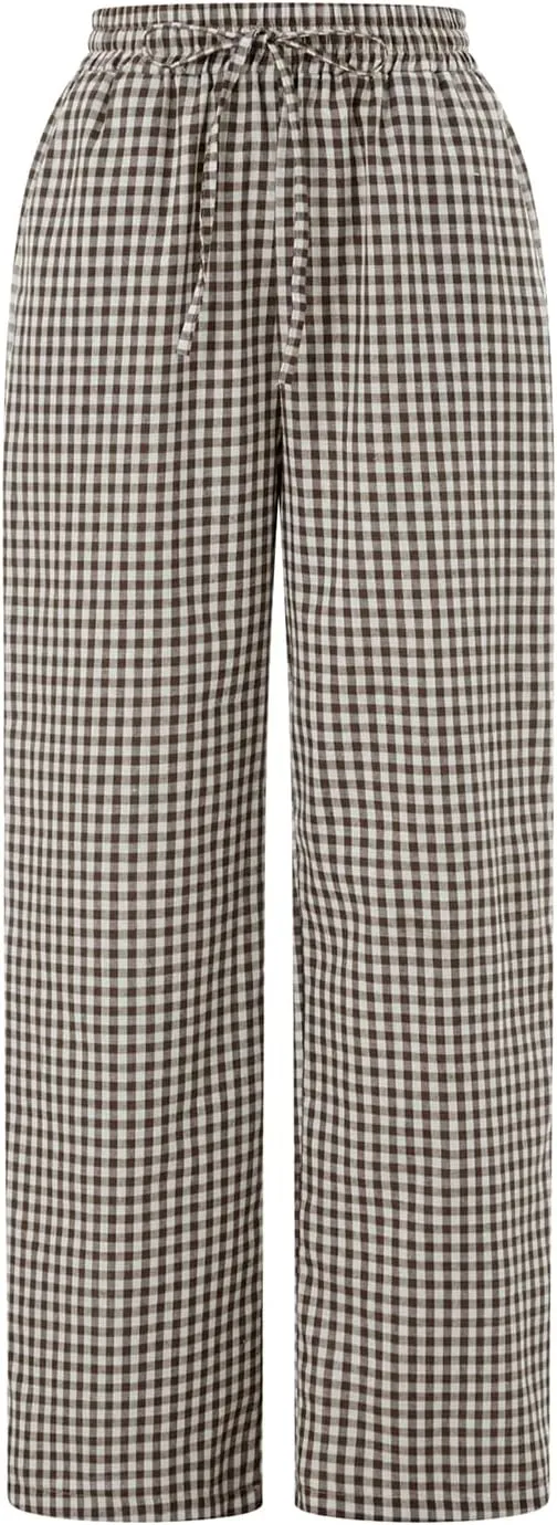 Women Striped Straight Leg Pants High Waist Wide Leg Gingham Y2k Trousers Going Out Bottoms Streetwear Pajamas Pants