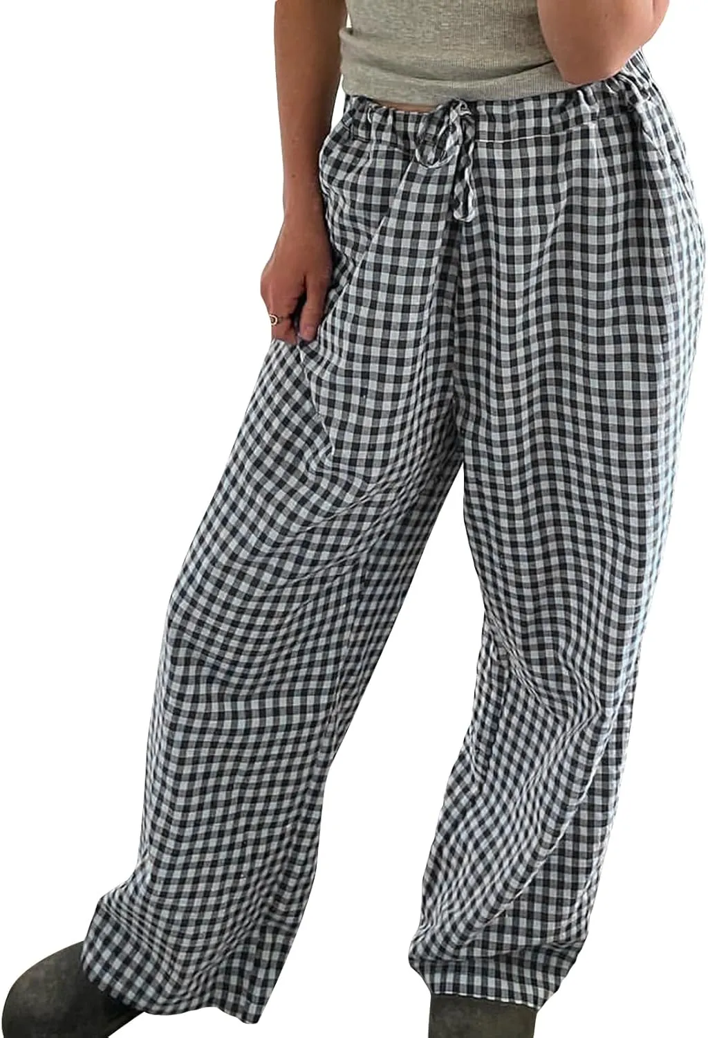 Women Striped Straight Leg Pants High Waist Wide Leg Gingham Y2k Trousers Going Out Bottoms Streetwear Pajamas Pants