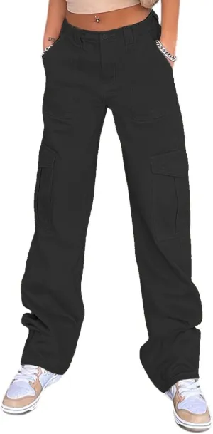 Women Vintage Cargo Pants High Waist Straight Wide Leg Baggy Jeans Y2K Denim Trousers Multi Pockets