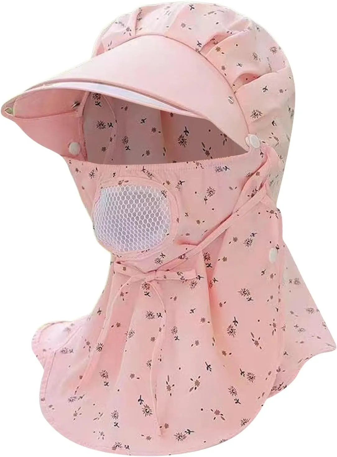 Women Wide Brim Sun Hat Floral Print Visor Hat Summer Travel Hiking Climbing Riding Cap with Wind Lanyard