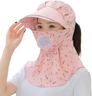 Women Wide Brim Sun Hat Floral Print Visor Hat Summer Travel Hiking Climbing Riding Cap with Wind Lanyard