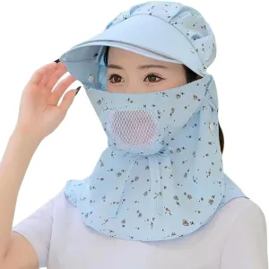 Women Wide Brim Sun Hat Floral Print Visor Hat Summer Travel Hiking Climbing Riding Cap with Wind Lanyard