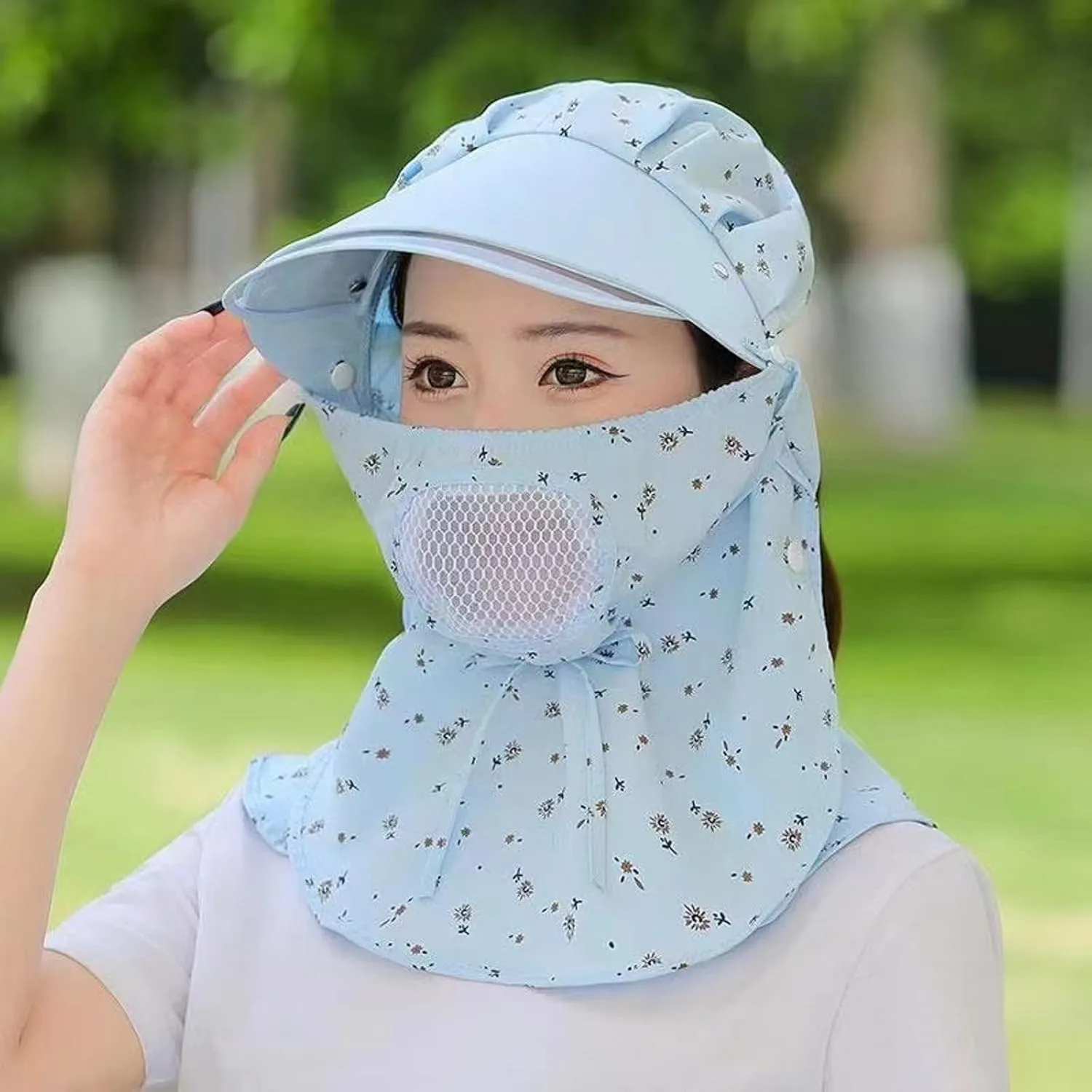 Women Wide Brim Sun Hat Floral Print Visor Hat Summer Travel Hiking Climbing Riding Cap with Wind Lanyard