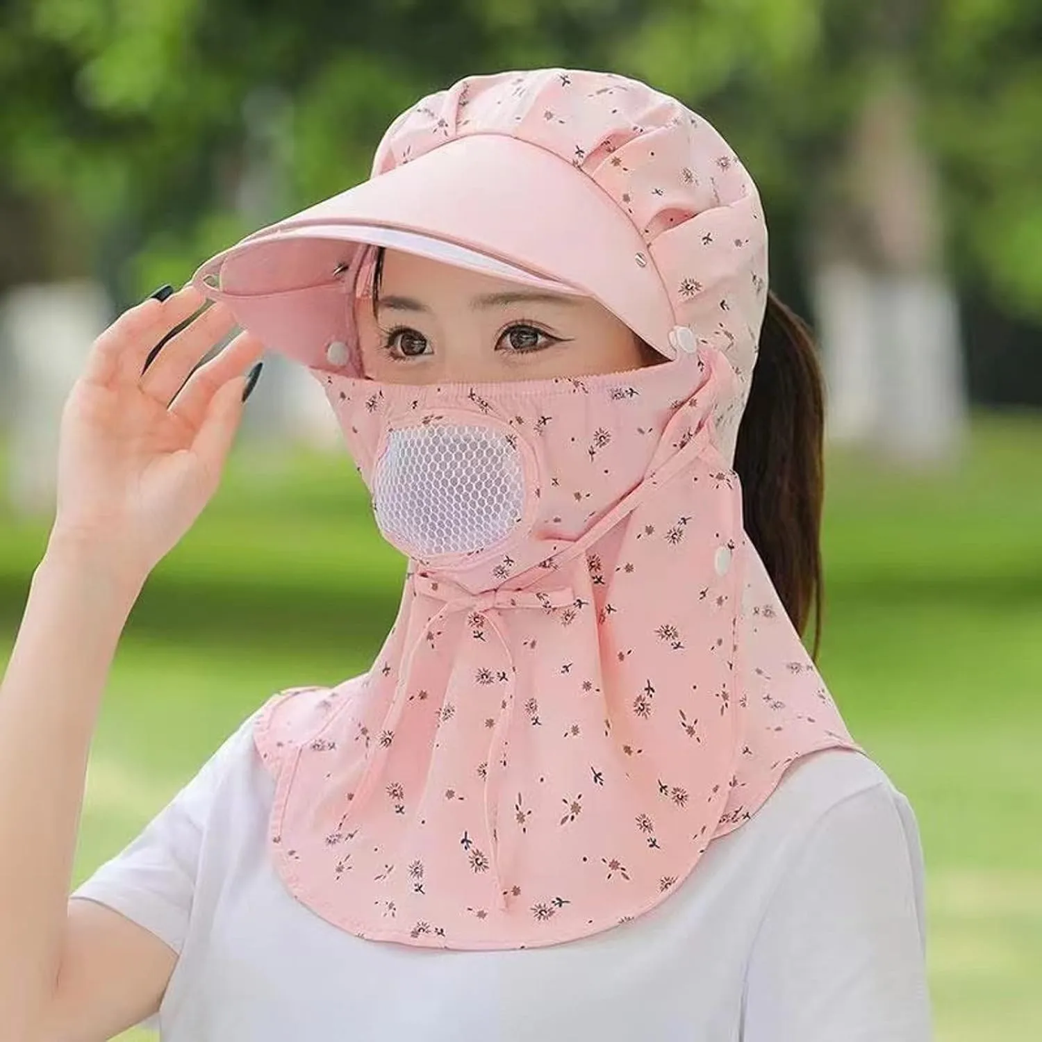 Women Wide Brim Sun Hat Floral Print Visor Hat Summer Travel Hiking Climbing Riding Cap with Wind Lanyard