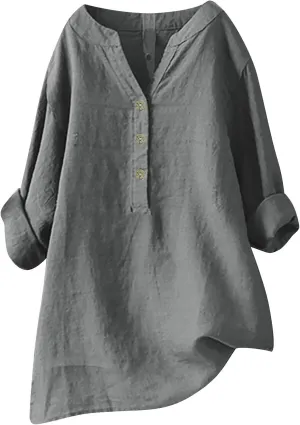 Womens Cotton Button Down Shirt Work Office Long Sleeve Crew Neck Basic Simple T Shirts Tee