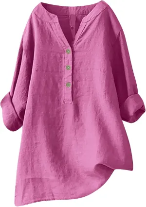 Womens Cotton Button Down Shirt Work Office Long Sleeve Crew Neck Basic Simple T Shirts Tee