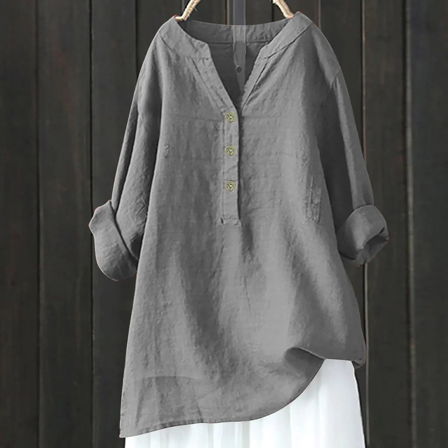 Womens Cotton Button Down Shirt Work Office Long Sleeve Crew Neck Basic Simple T Shirts Tee