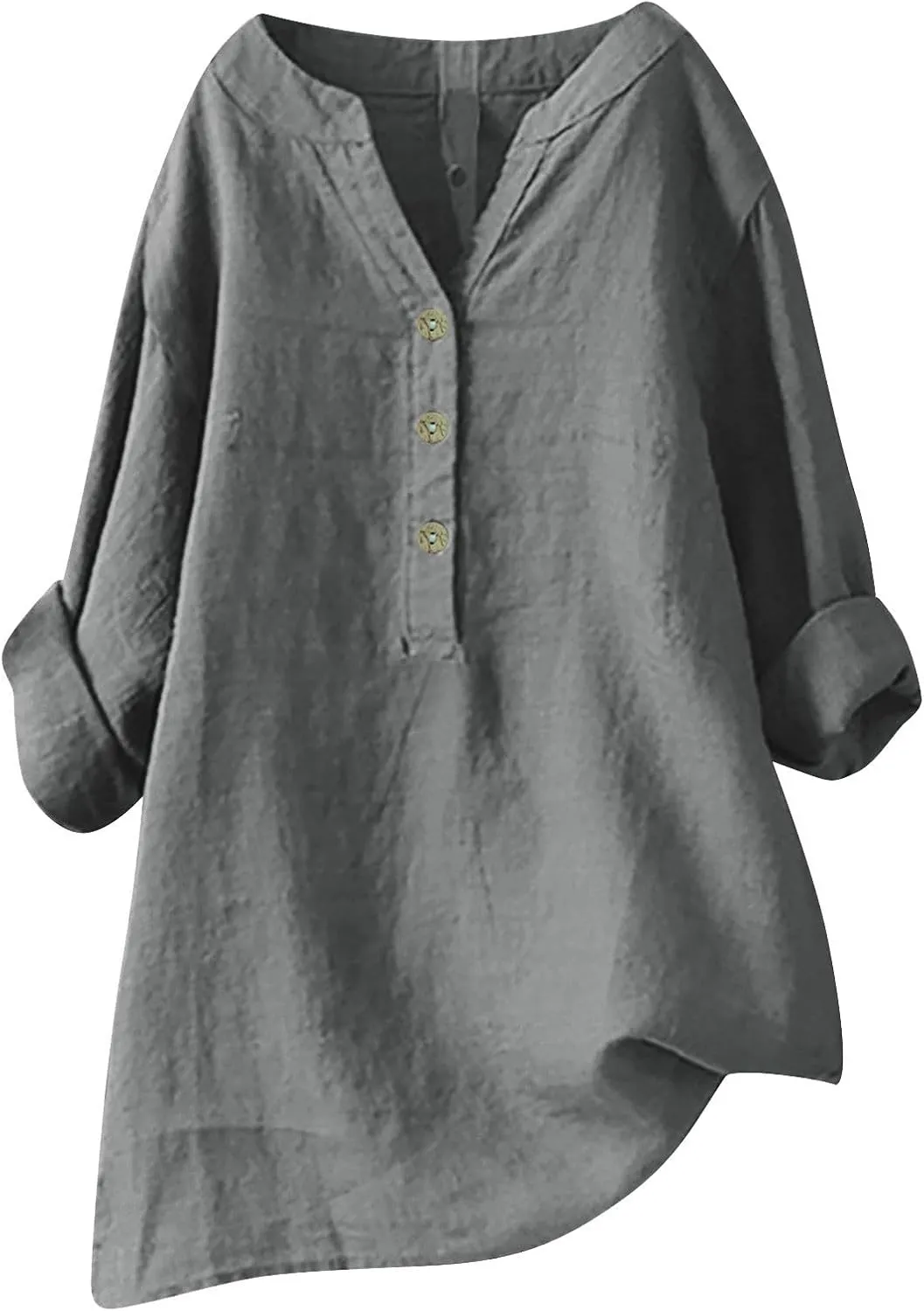 Womens Cotton Button Down Shirt Work Office Long Sleeve Crew Neck Basic Simple T Shirts Tee