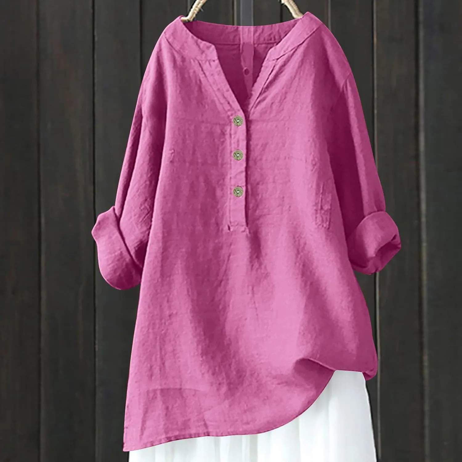 Womens Cotton Button Down Shirt Work Office Long Sleeve Crew Neck Basic Simple T Shirts Tee