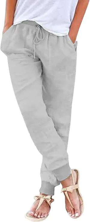 Womens Cotton Linen Pants Summer Elastic Waist Drawstring Loose Long Pants Solid Color Simple Trousers with Pockets