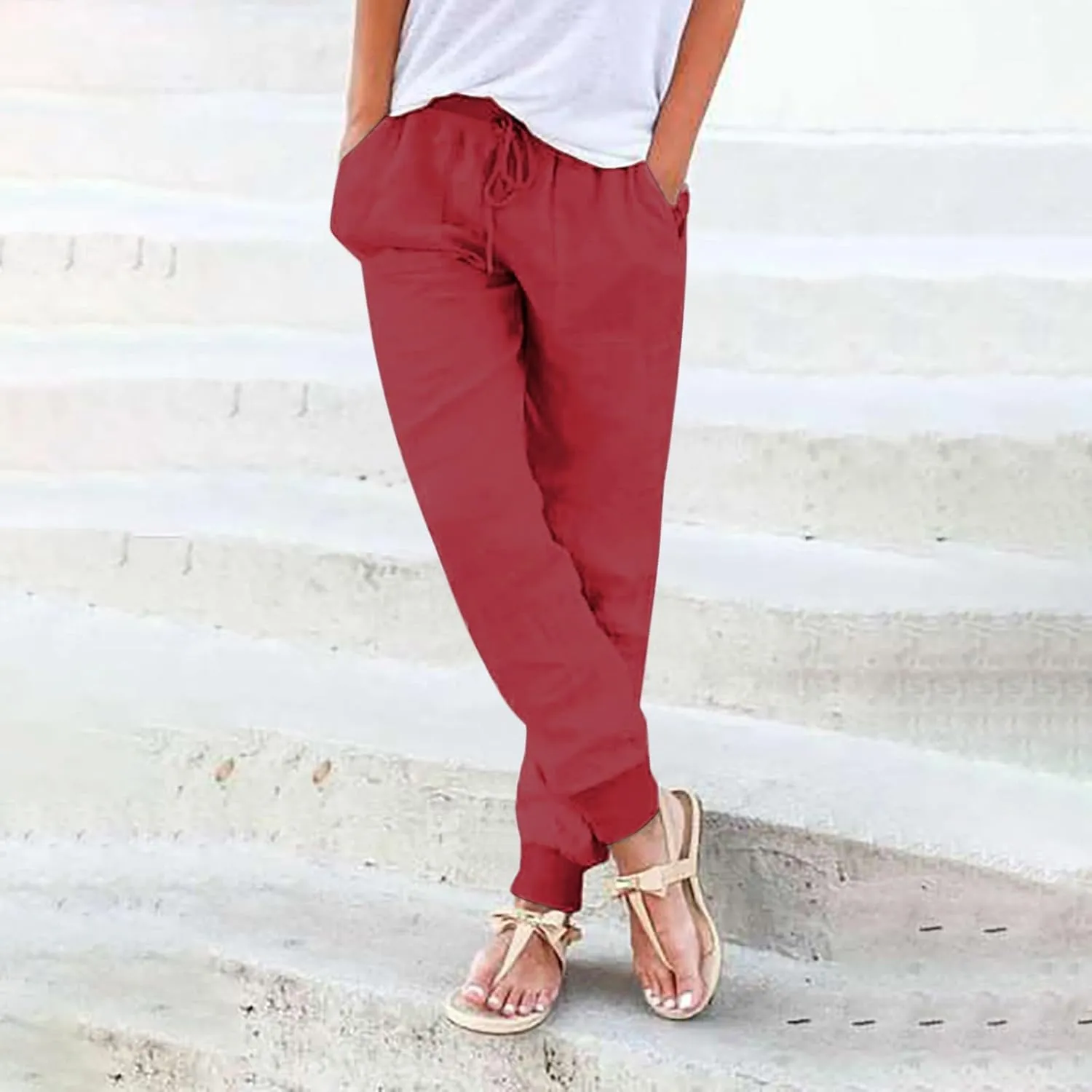 Womens Cotton Linen Pants Summer Elastic Waist Drawstring Loose Long Pants Solid Color Simple Trousers with Pockets