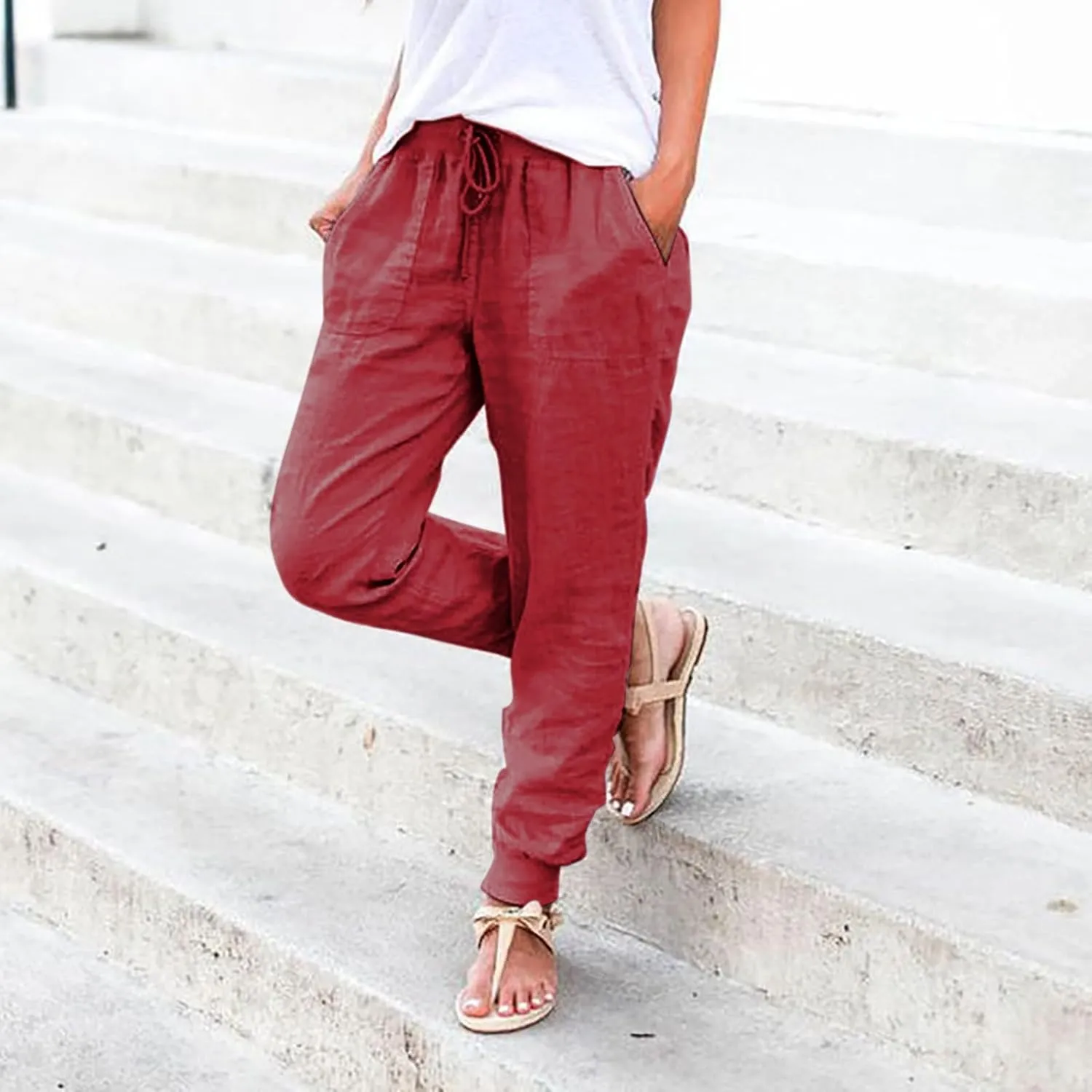 Womens Cotton Linen Pants Summer Elastic Waist Drawstring Loose Long Pants Solid Color Simple Trousers with Pockets