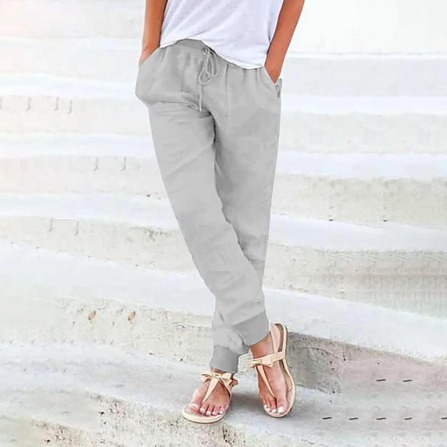 Womens Cotton Linen Pants Summer Elastic Waist Drawstring Loose Long Pants Solid Color Simple Trousers with Pockets