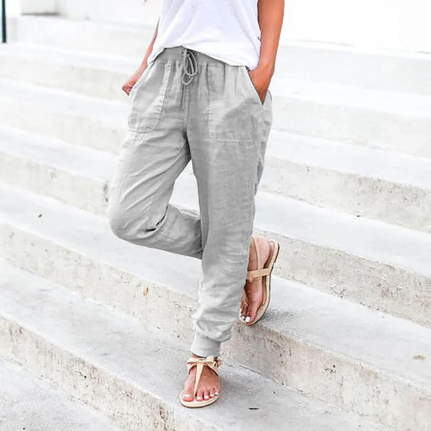 Womens Cotton Linen Pants Summer Elastic Waist Drawstring Loose Long Pants Solid Color Simple Trousers with Pockets