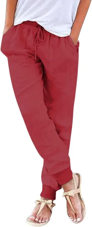 Womens Cotton Linen Pants Summer Elastic Waist Drawstring Loose Long Pants Solid Color Simple Trousers with Pockets