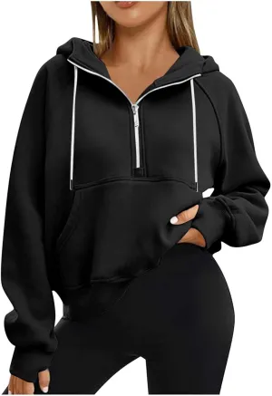 Womens Cropped Hoodies Half Zip Pullover Fall Fashion Quarter Zipper Fleece Sweatshirts 2024 Fall Outfits Thumb Hole