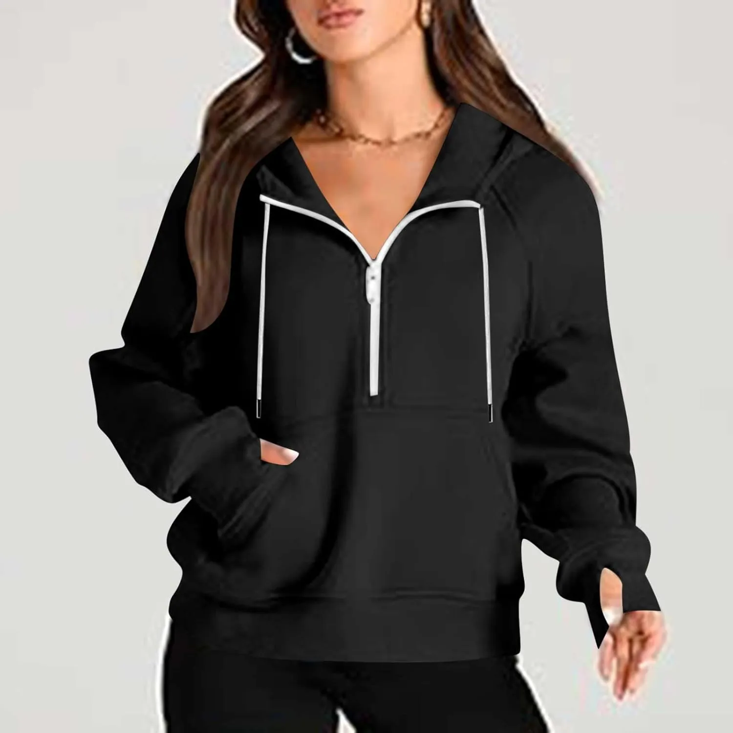 Womens Cropped Hoodies Half Zip Pullover Fall Fashion Quarter Zipper Fleece Sweatshirts 2024 Fall Outfits Thumb Hole