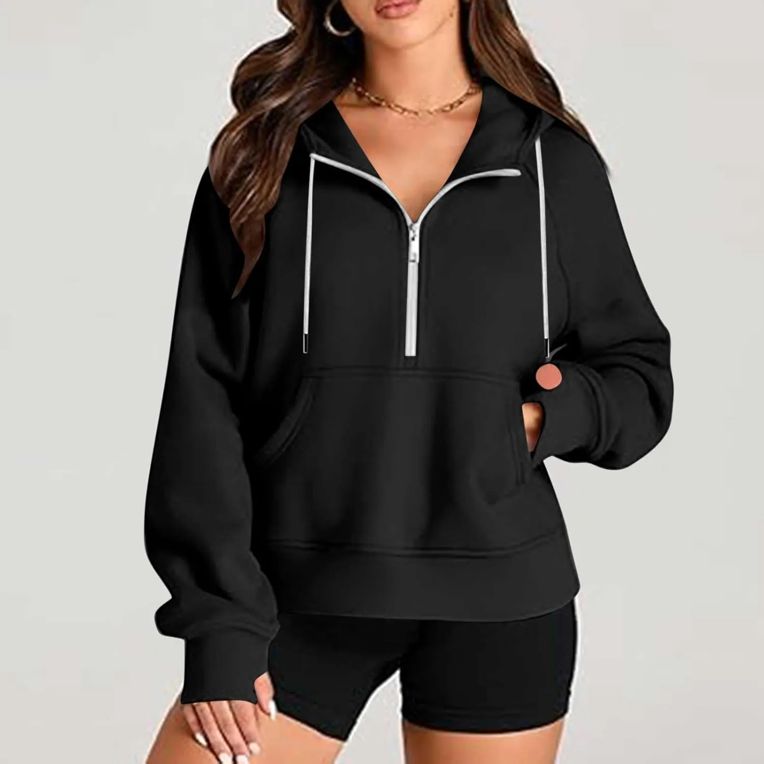 Womens Cropped Hoodies Half Zip Pullover Fall Fashion Quarter Zipper Fleece Sweatshirts 2024 Fall Outfits Thumb Hole