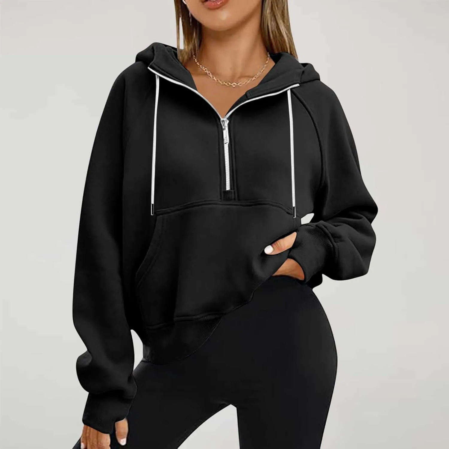 Womens Cropped Hoodies Half Zip Pullover Fall Fashion Quarter Zipper Fleece Sweatshirts 2024 Fall Outfits Thumb Hole