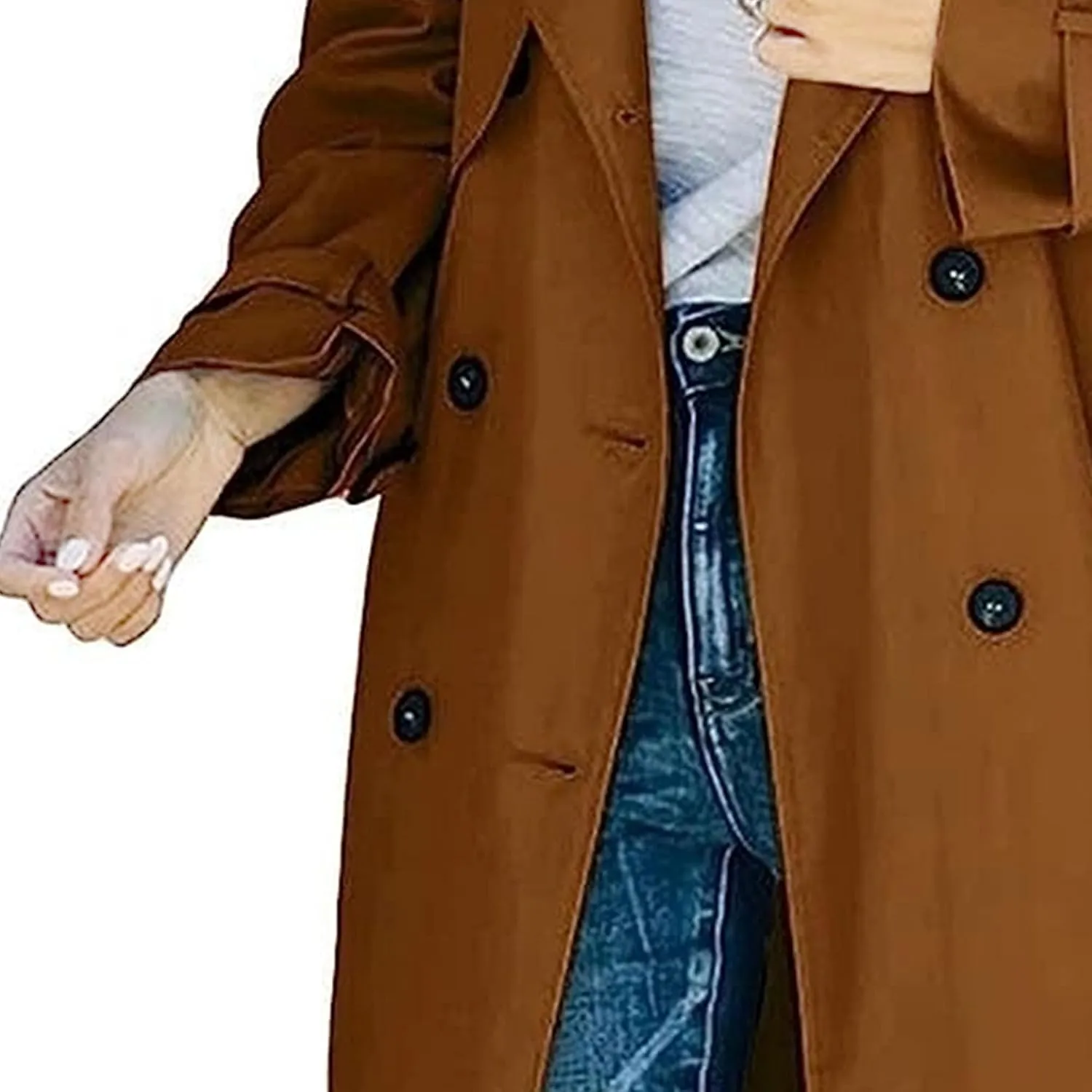 Womens Double Breasted Lapel Solid Color Windbreaker Long Trench Coat Jacket Simple Fashion Pea Coat with Belt